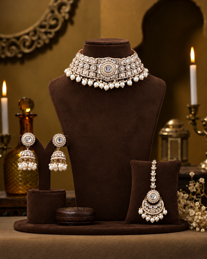 Pearl Manjushri Premium Polki Dupe Necklace with Earring and Teeka