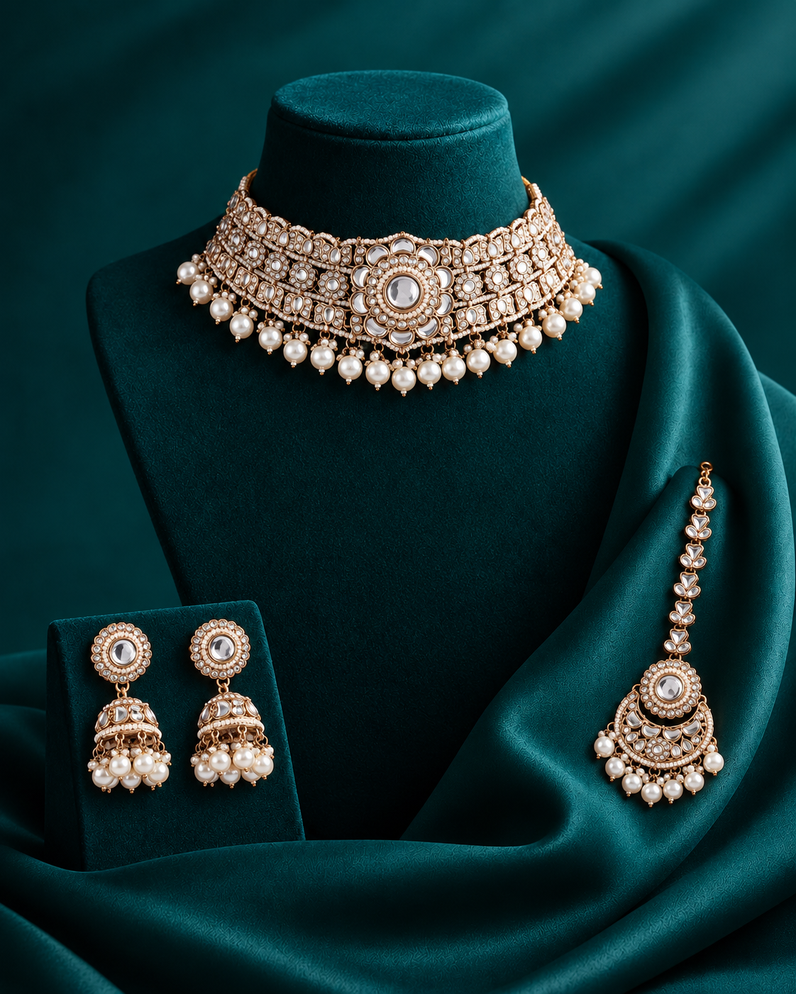 Pearl Manjushri Premium Polki Dupe Necklace with Earring and Teeka
