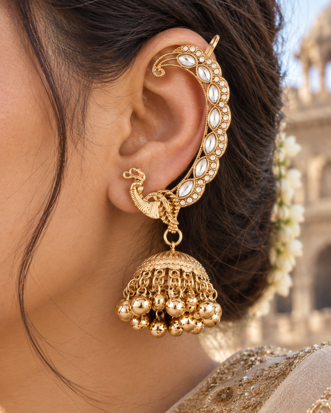 White Shankari Designer Ear Cuff Jhumki Earring