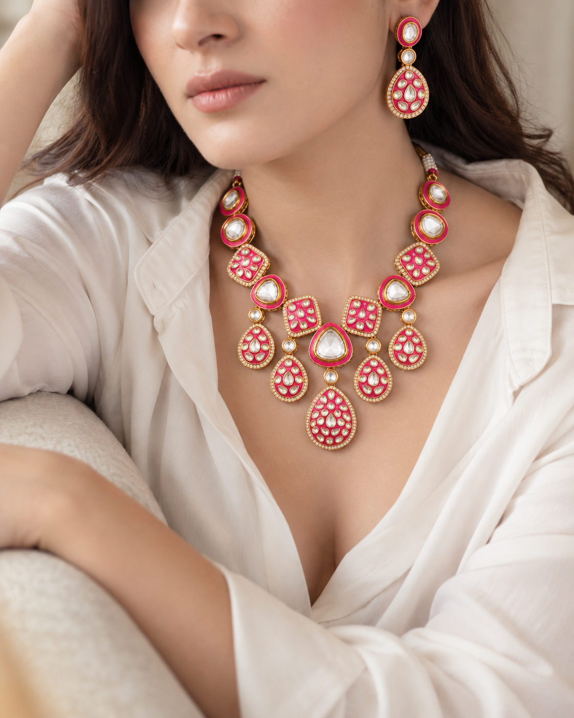 Pink Kuvar Premium Meenakari Dabi Kundan Necklace Set with Earring and Teeka