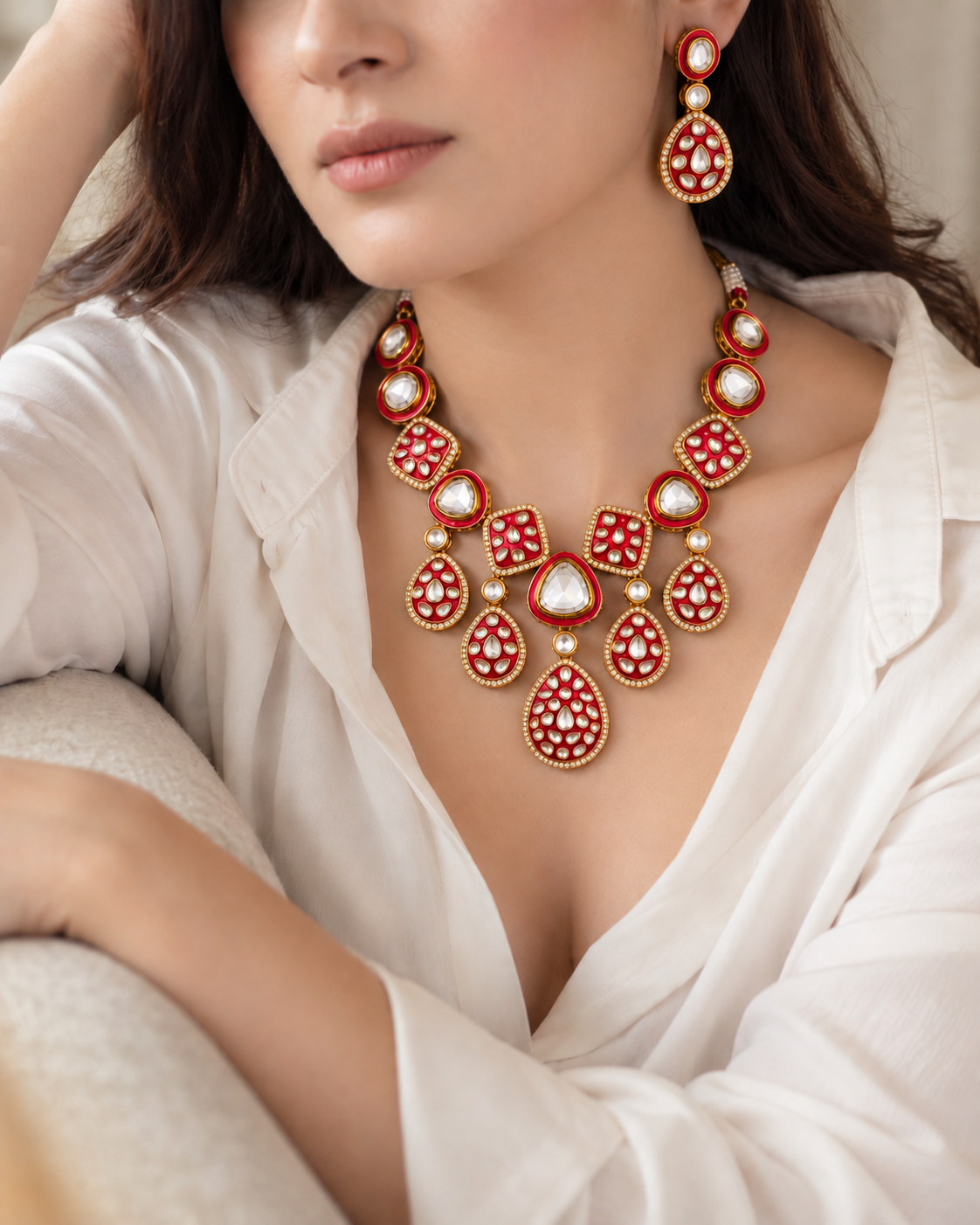 Red Kuvar Premium Meenakari Dabi Kundan Necklace Set with Earring and Teeka
