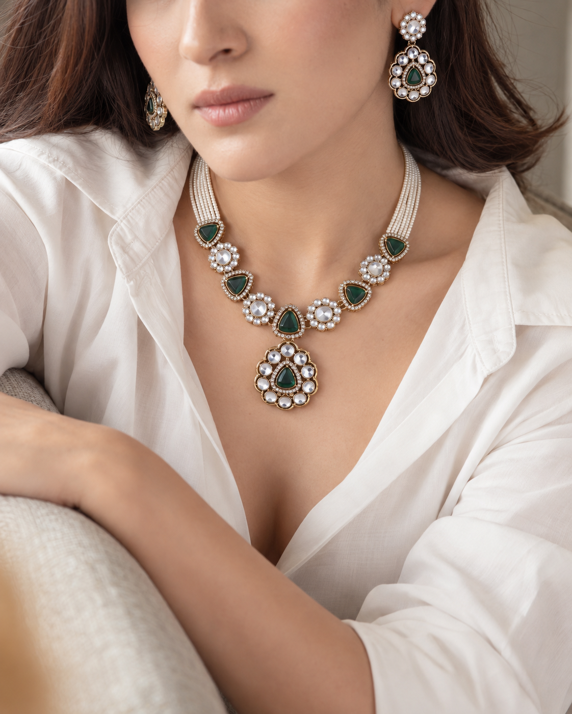 Emerald Jasneet Premium Zircone Polki Dupe Necklace Set With Earrings & Teeka
