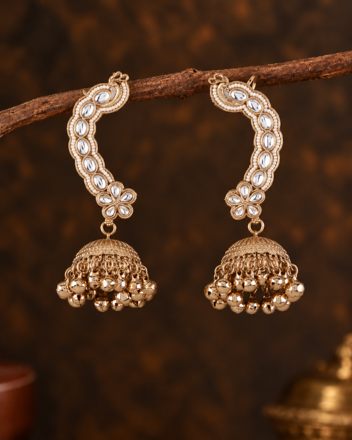 White Aavira Designer Ear Cuff Jhumki Earring