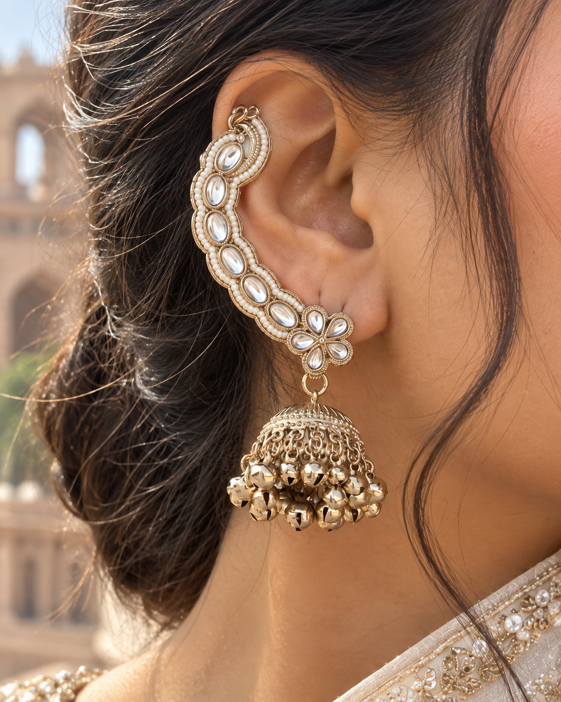 White Aavira Designer Ear Cuff Jhumki Earring