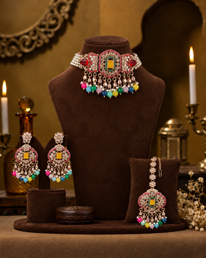 Multi Yutika Kundan Necklace Set With Earring and Mangteeka