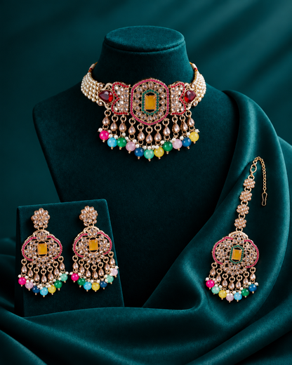 Multi Yutika Kundan Necklace Set With Earring and Mangteeka