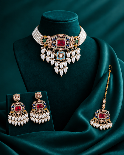 Multi Manikya Kundan Necklace Set With Earring with Kaan Chain and Mangteeka