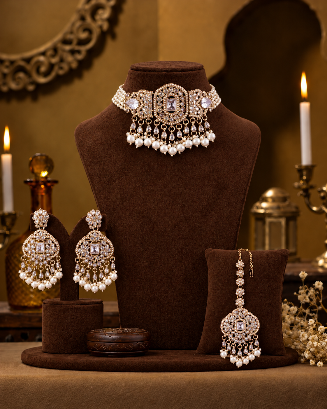 Pearl Yutika Kundan Necklace Set With Earring and Mangteeka