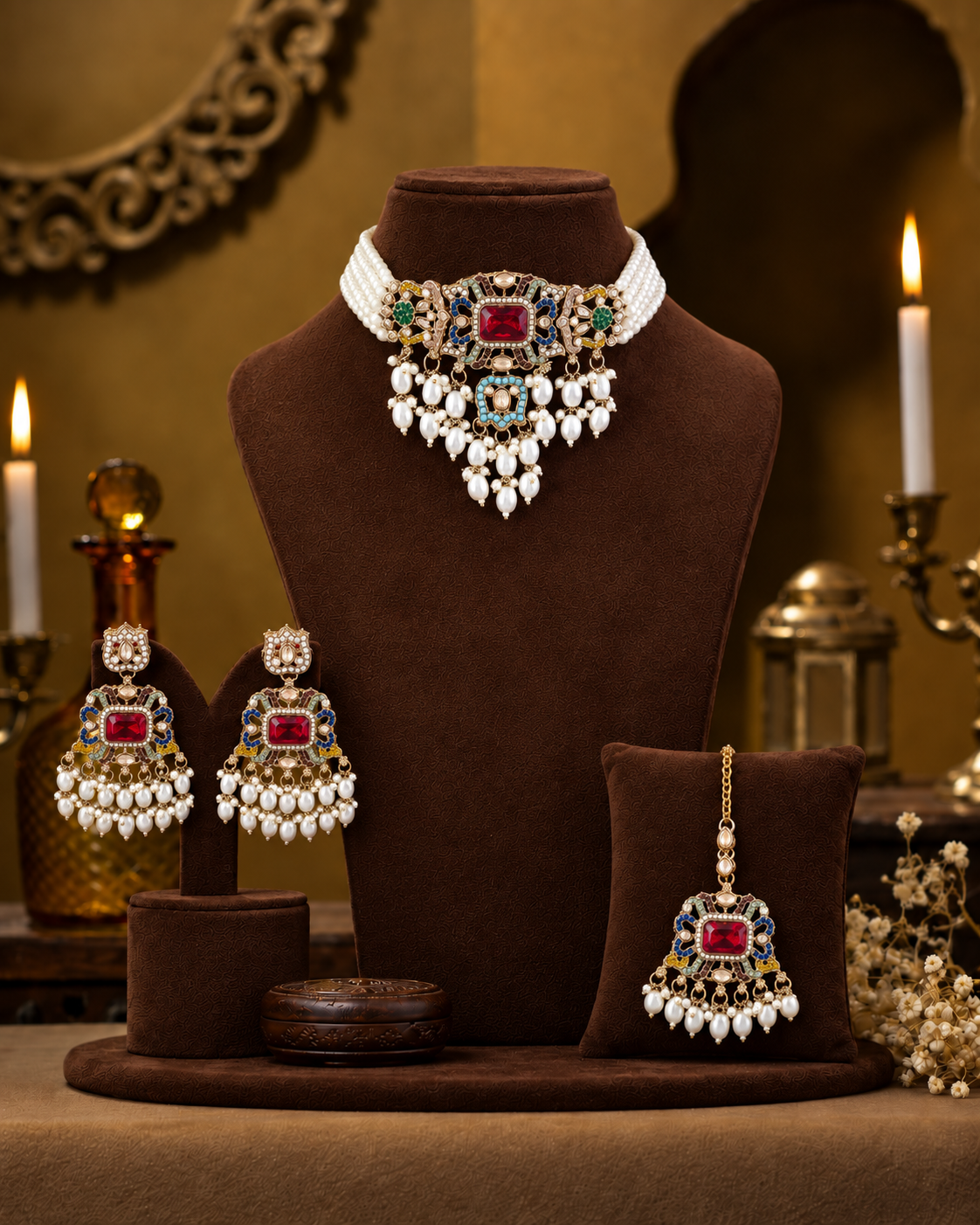 Multi Manikya Kundan Necklace Set With Earring with Kaan Chain and Mangteeka