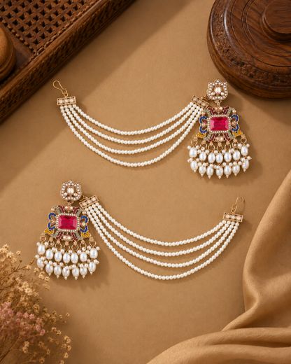Multi Manikya Kundan Necklace Set With Earring with Kaan Chain and Mangteeka