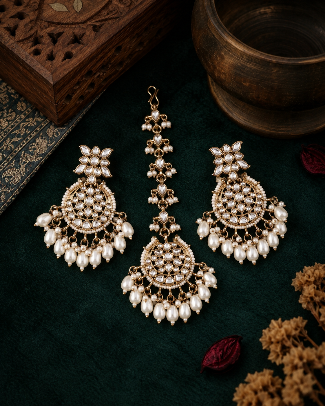 Pearl Manraj Teeka Earring Combo Set