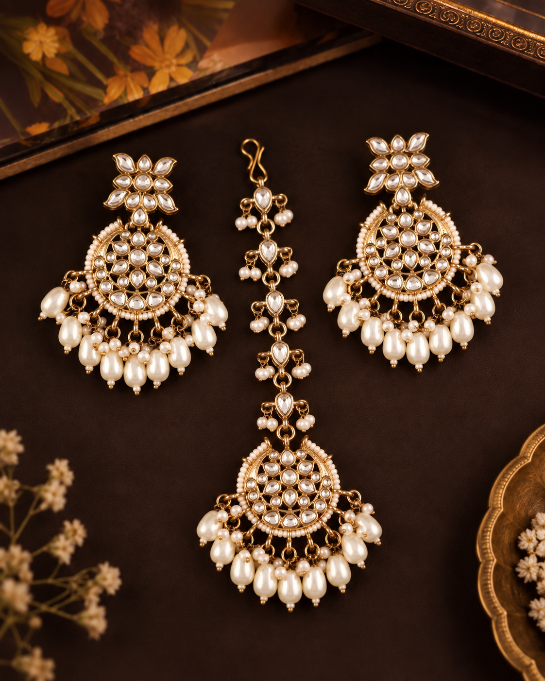 Pearl Manraj Teeka Earring Combo Set