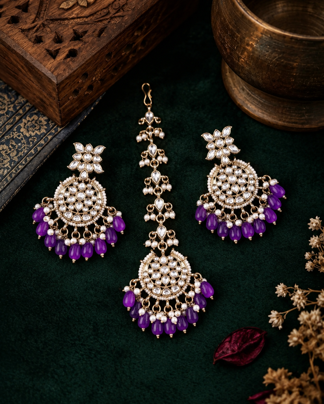 Purple Manraj Teeka Earring Combo Set
