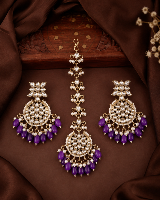 Purple Manraj Teeka Earring Combo Set