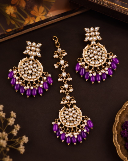 Purple Manraj Teeka Earring Combo Set