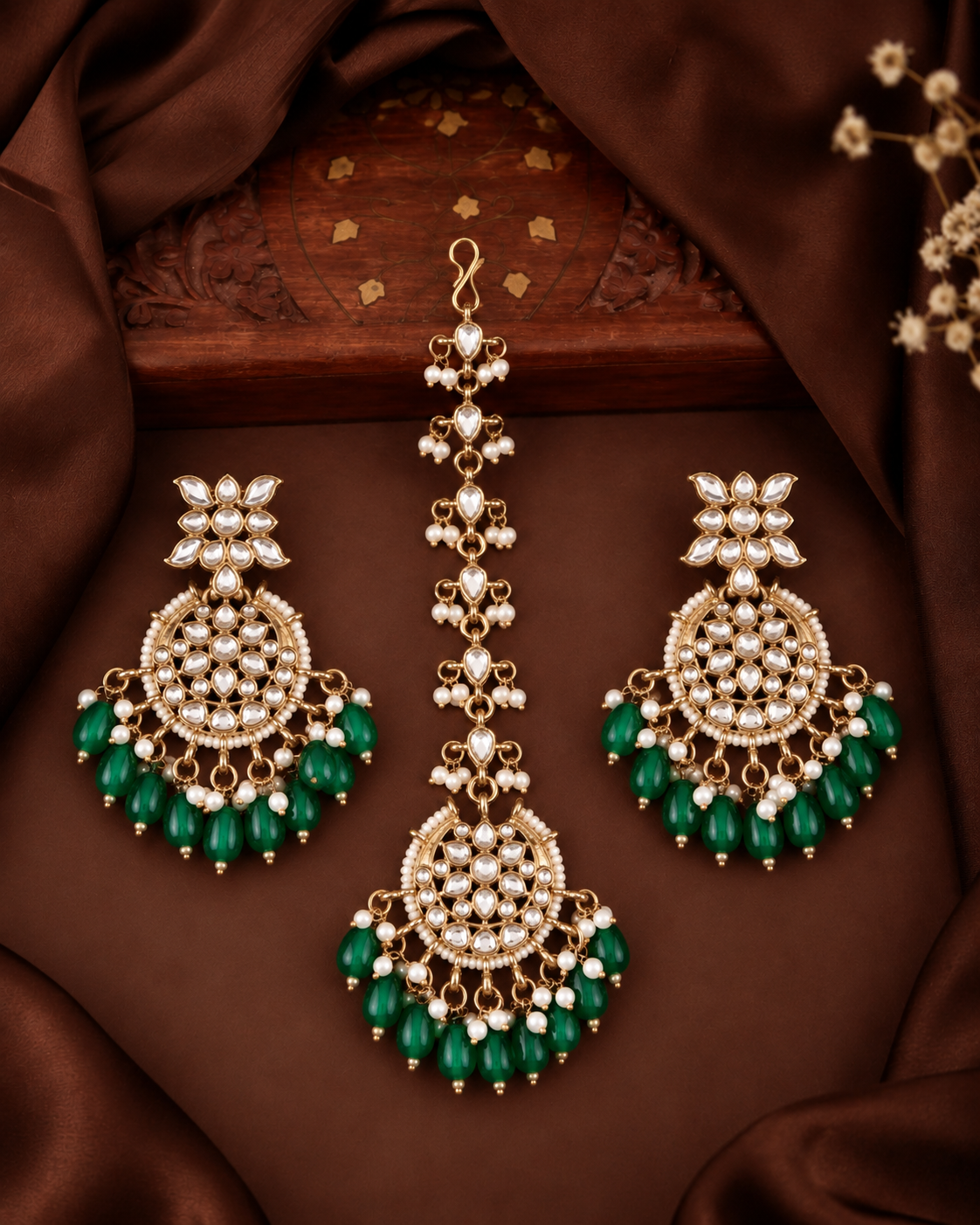 Green Manraj Teeka Earring Combo Set