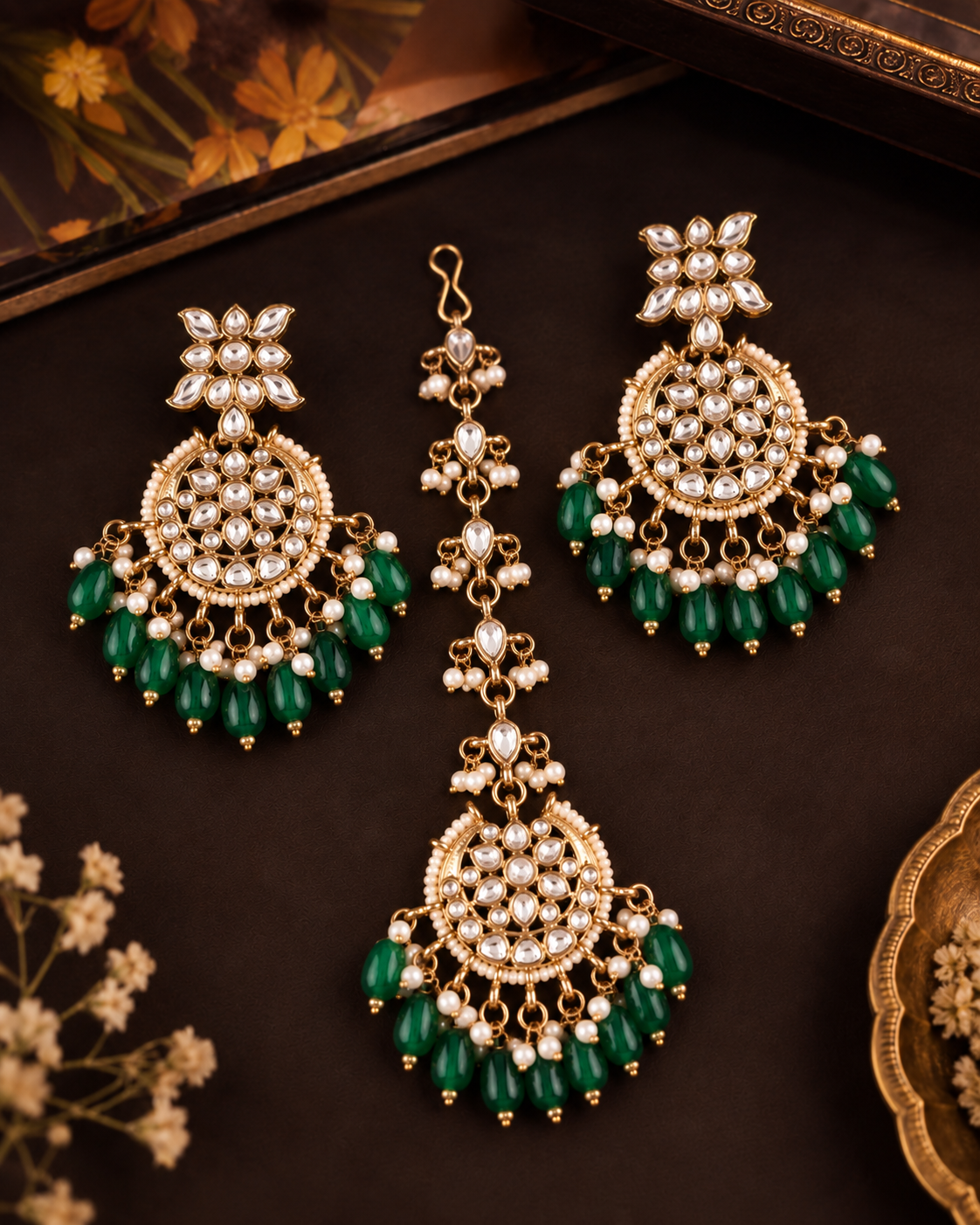 Green Manraj Teeka Earring Combo Set