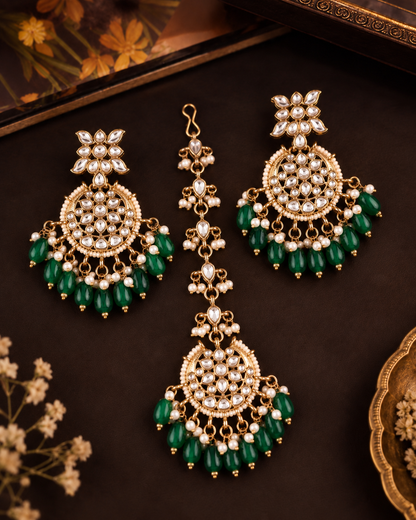 Green Manraj Teeka Earring Combo Set