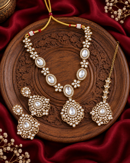 White Sunita Premium Polki Dupe Necklace Set With Earrings & Teeka