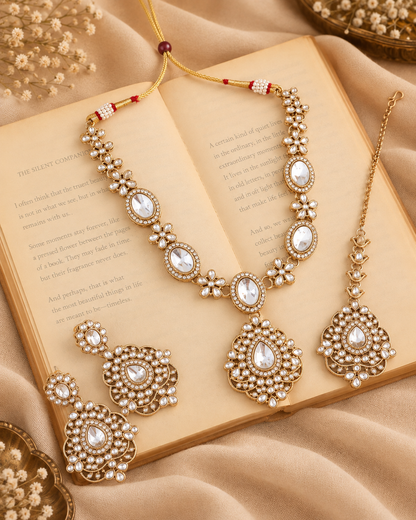 White Sunita Premium Polki Dupe Necklace Set With Earrings & Teeka