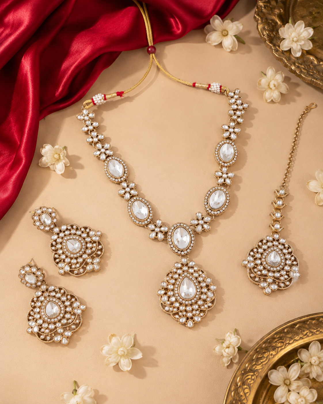 White Sunita Premium Polki Dupe Necklace Set With Earrings & Teeka