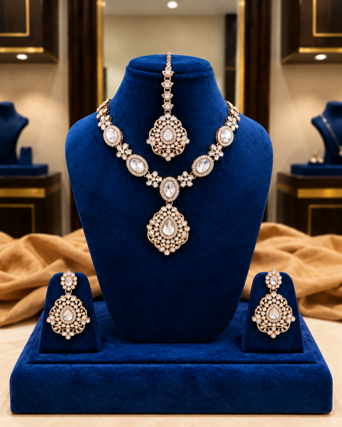 White Sunita Premium Polki Dupe Necklace Set With Earrings & Teeka