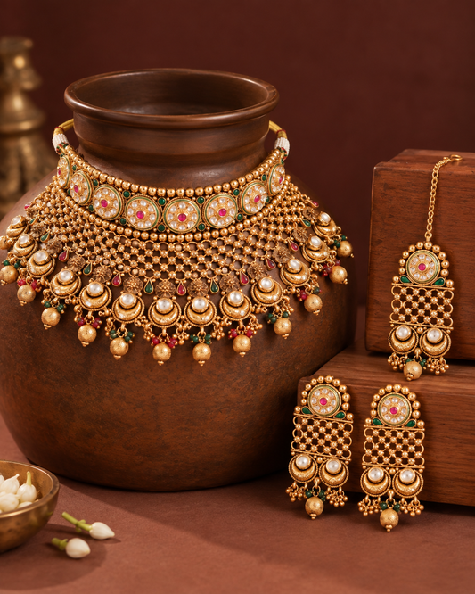 Rajmohini Royal Rajwada Heritage Necklace Set with Earring and Teeka