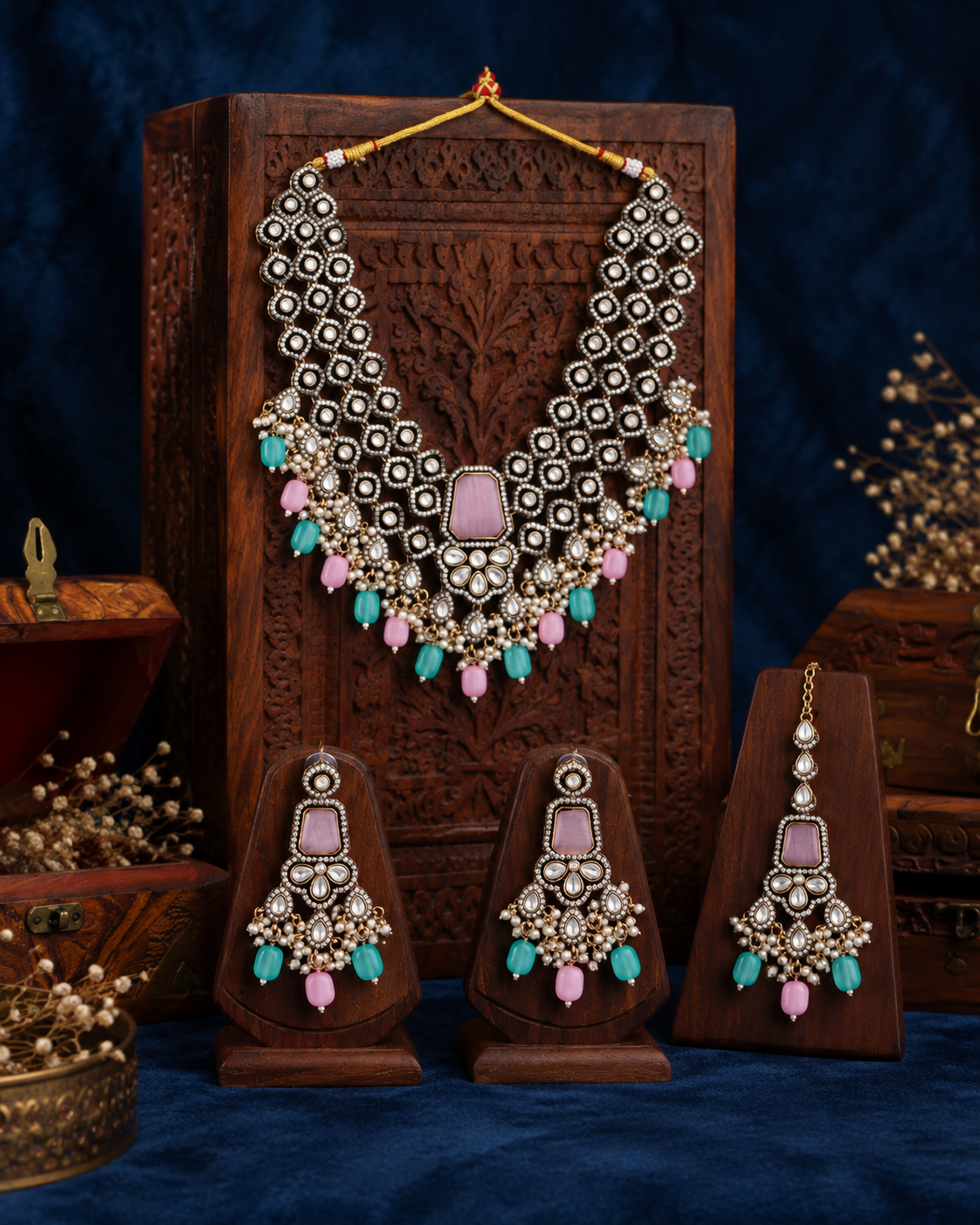 Pastel Arizona Premium Monalisa Layered Necklace Set with Earring and Teeka