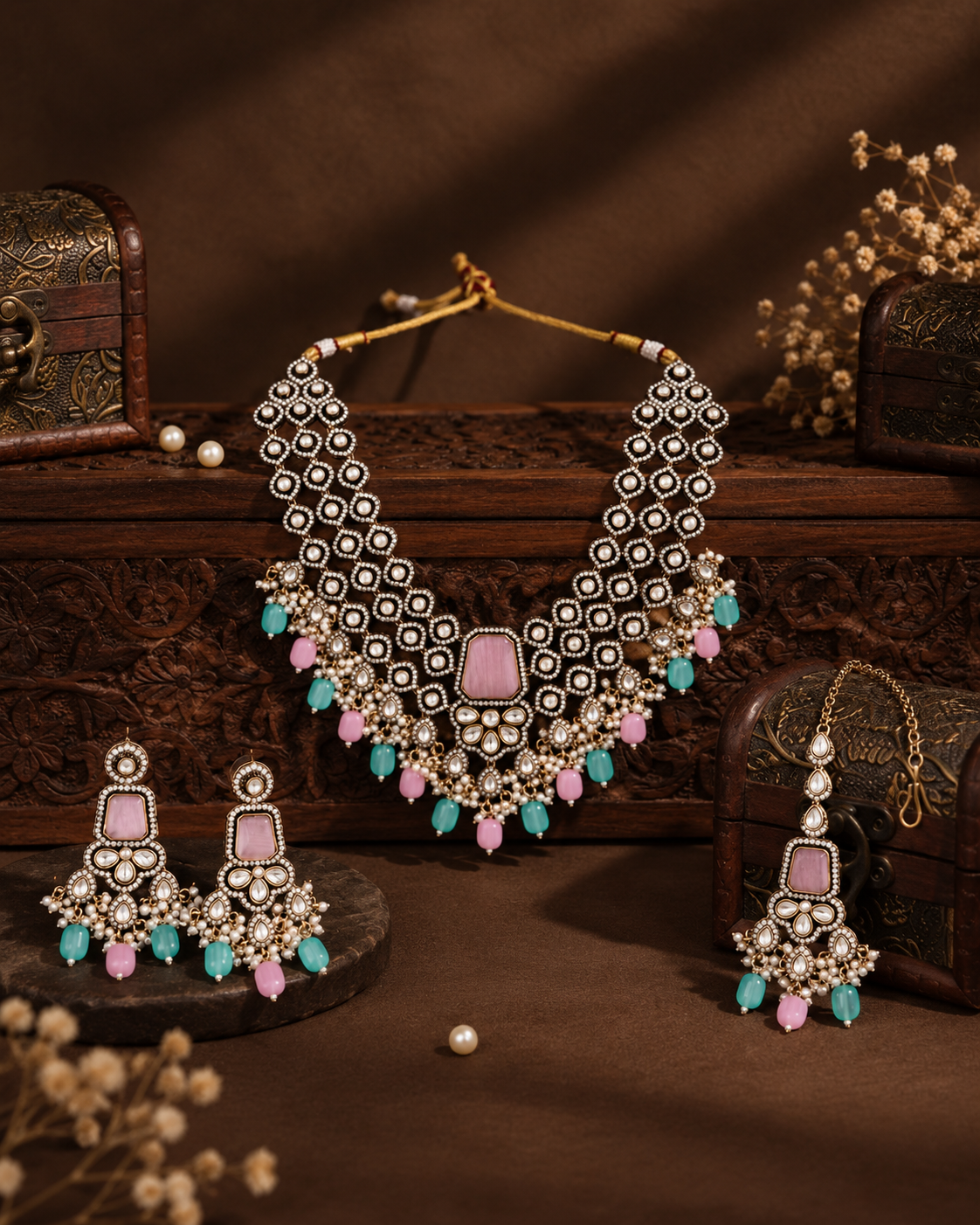 Pastel Arizona Premium Monalisa Layered Necklace Set with Earring and Teeka