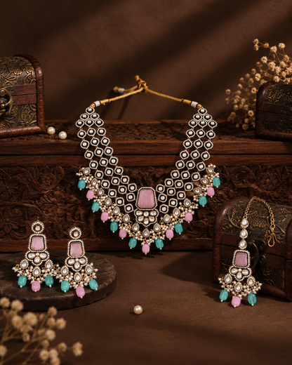Pastel Arizona Premium Monalisa Layered Necklace Set with Earring and Teeka