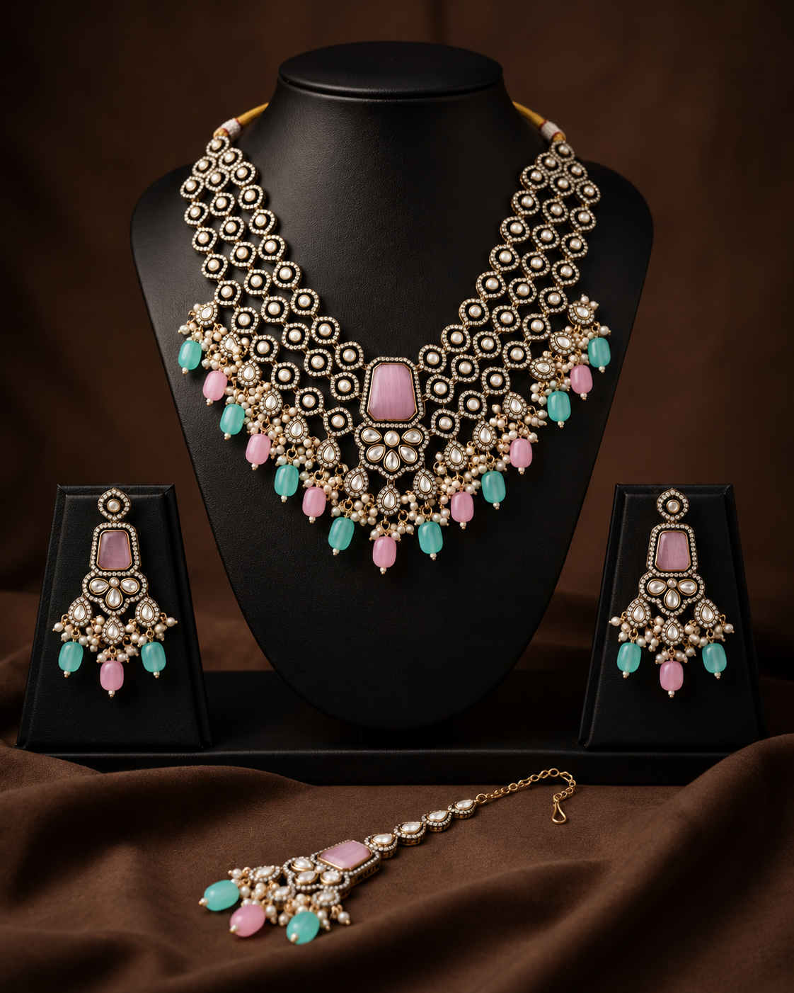 Pastel Arizona Premium Monalisa Layered Necklace Set with Earring and Teeka