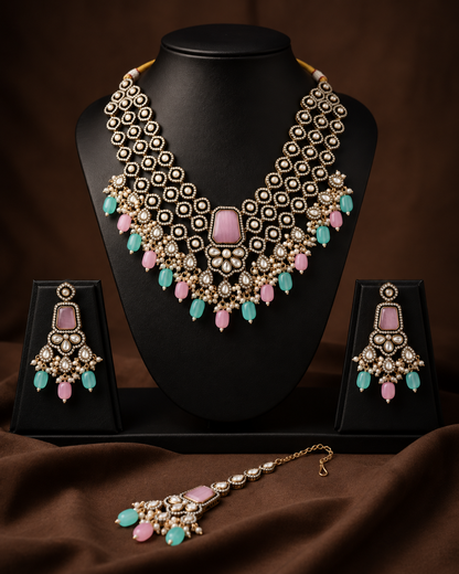 Pastel Arizona Premium Monalisa Layered Necklace Set with Earring and Teeka