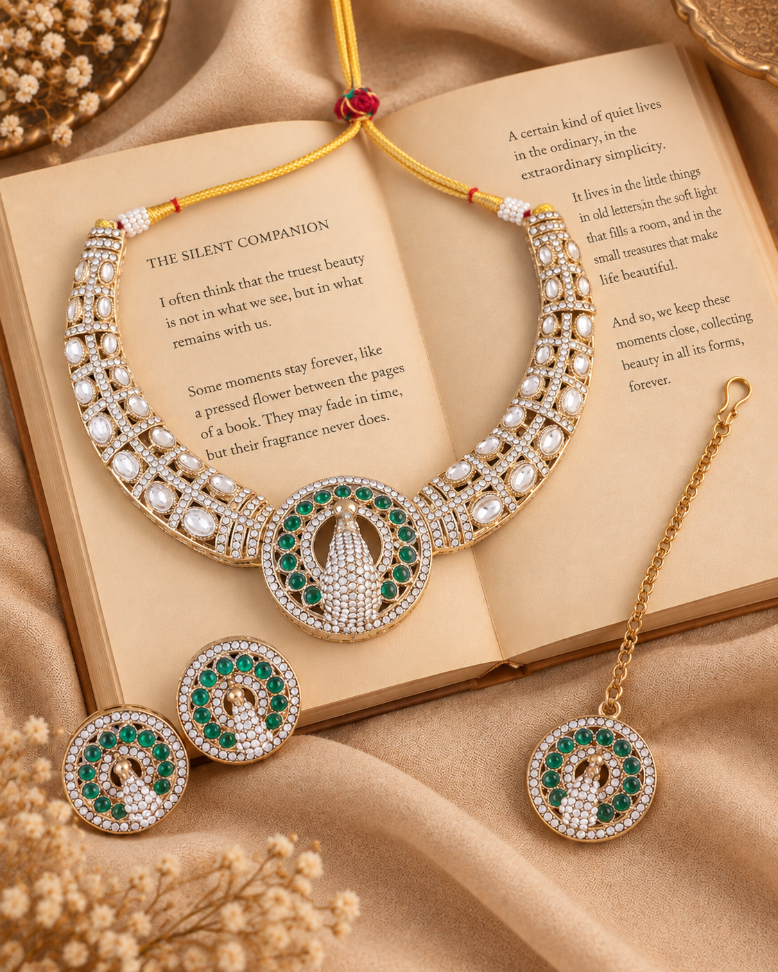 Green Gold Soujanya Peacock Designer Necklace with Earring and Teeka