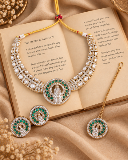 Green Gold Soujanya Peacock Designer Necklace with Earring and Teeka