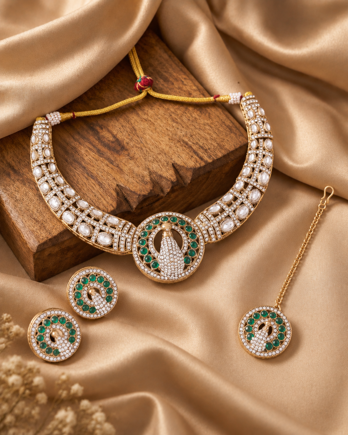 Green Gold Soujanya Peacock Designer Necklace with Earring and Teeka