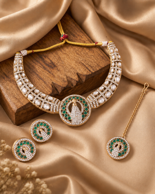 Green Gold Soujanya Peacock Designer Necklace with Earring and Teeka