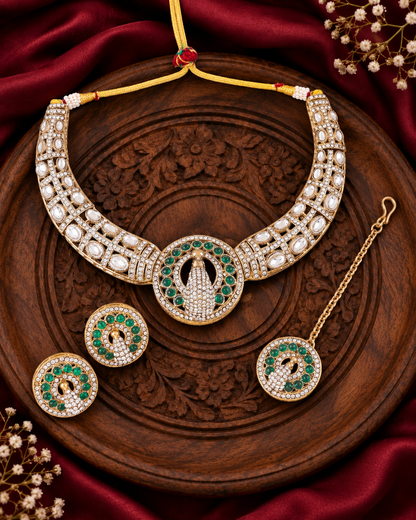 Green Gold Soujanya Peacock Designer Necklace with Earring and Teeka
