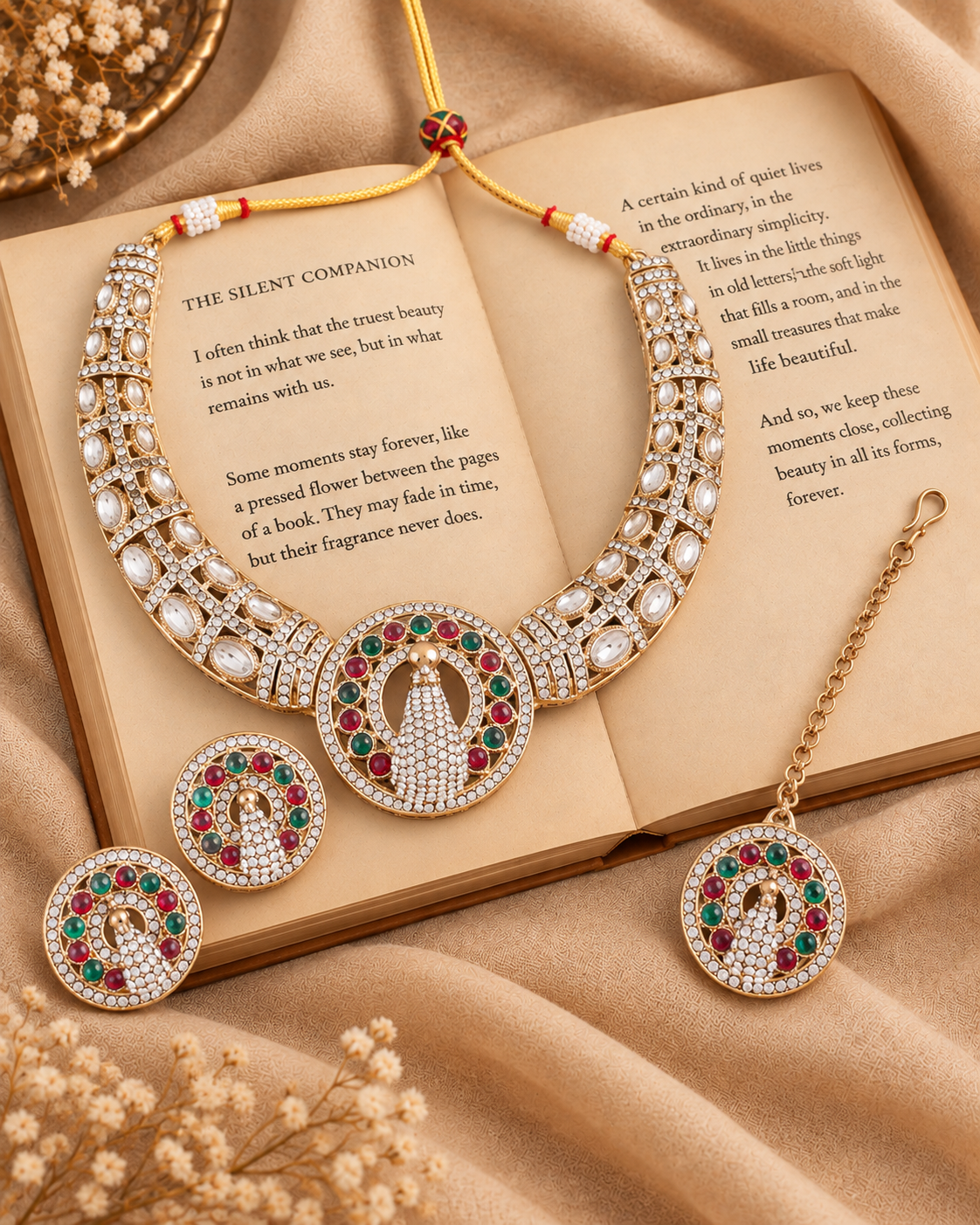Ruby Green Gold Soujanya Peacock Designer Necklace with Earring and Teeka
