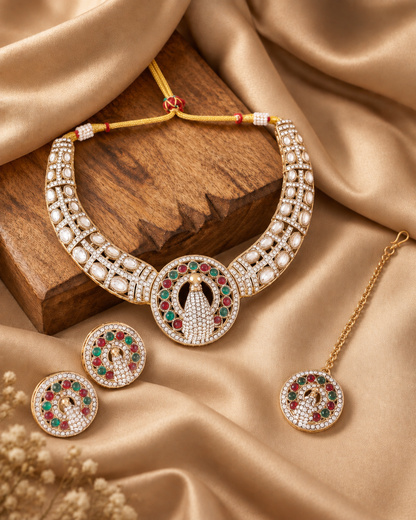 Ruby Green Gold Soujanya Peacock Designer Necklace with Earring and Teeka