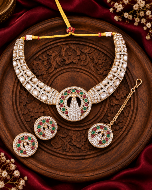 Ruby Green Gold Soujanya Peacock Designer Necklace with Earring and Teeka