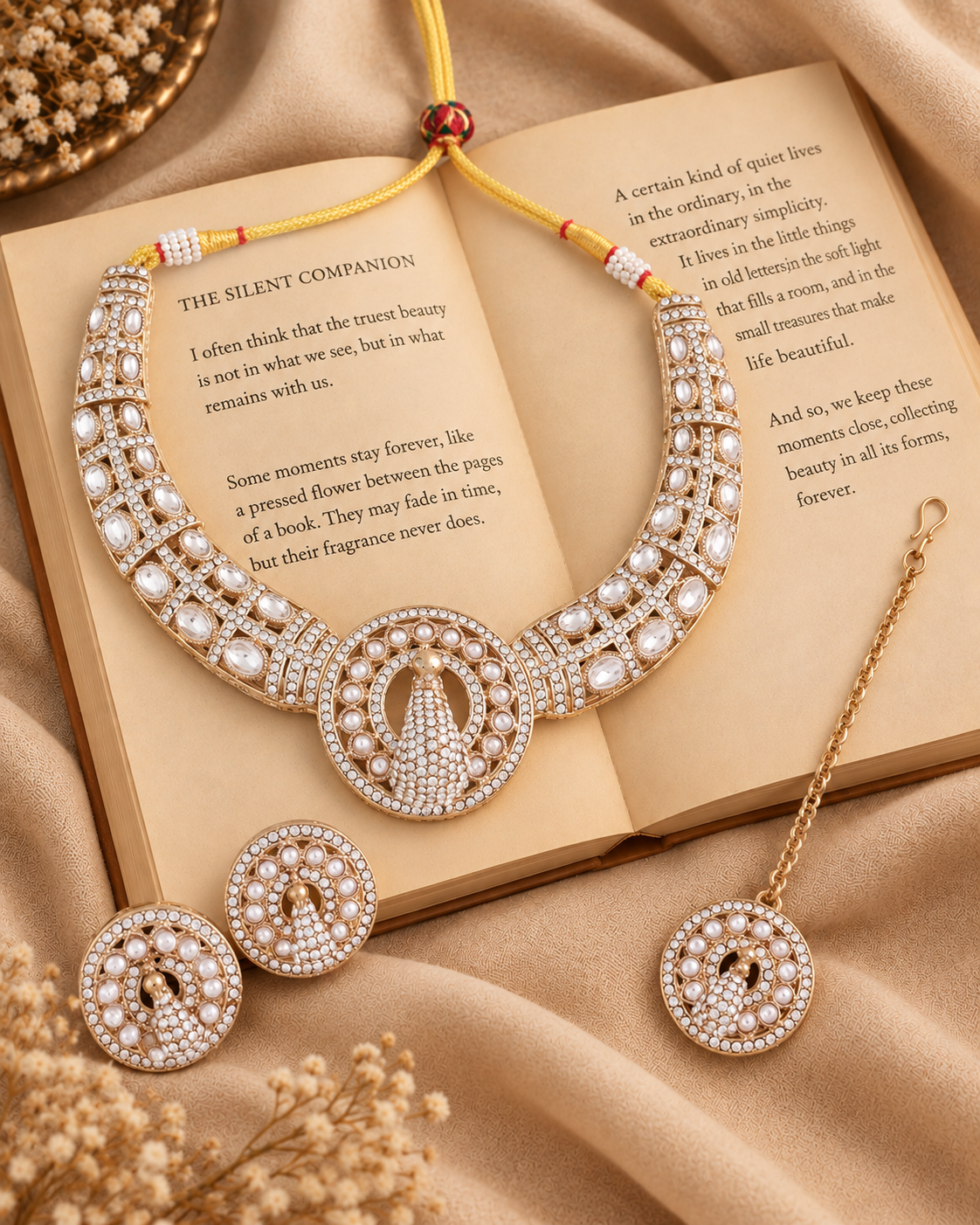 Silver Gold Soujanya Peacock Designer Necklace with Earring and Teeka