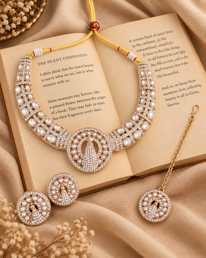 Silver Gold Soujanya Peacock Designer Necklace with Earring and Teeka