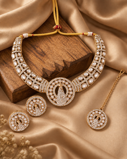 Silver Gold Soujanya Peacock Designer Necklace with Earring and Teeka