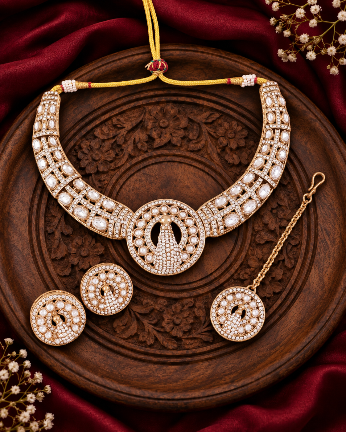 Silver Gold Soujanya Peacock Designer Necklace with Earring and Teeka