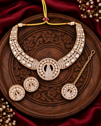 Silver Gold Soujanya Peacock Designer Necklace with Earring and Teeka