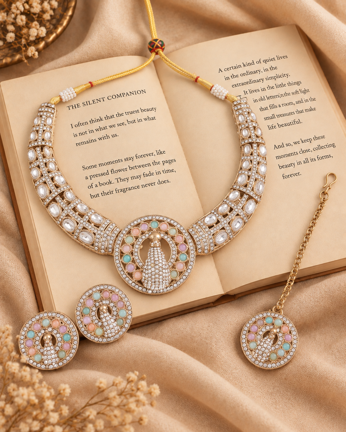 Pastel Gold Soujanya Peacock Designer Necklace with Earring and Teeka