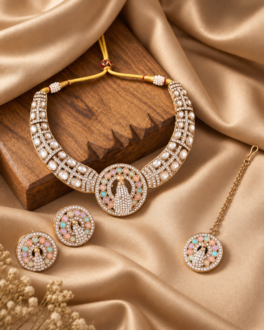 Pastel Gold Soujanya Peacock Designer Necklace with Earring and Teeka