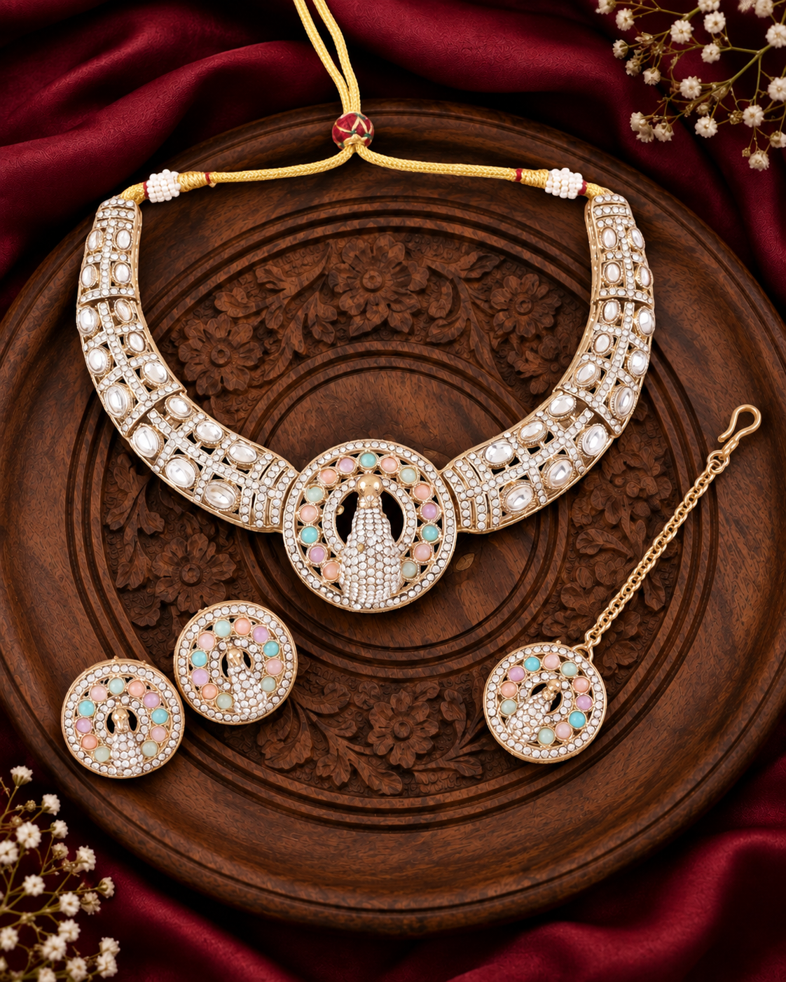 Pastel Gold Soujanya Peacock Designer Necklace with Earring and Teeka