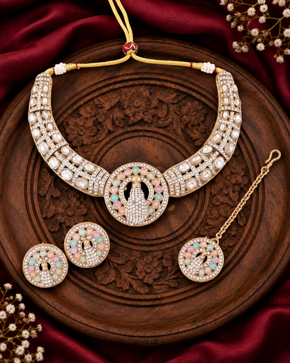 Pastel Gold Soujanya Peacock Designer Necklace with Earring and Teeka