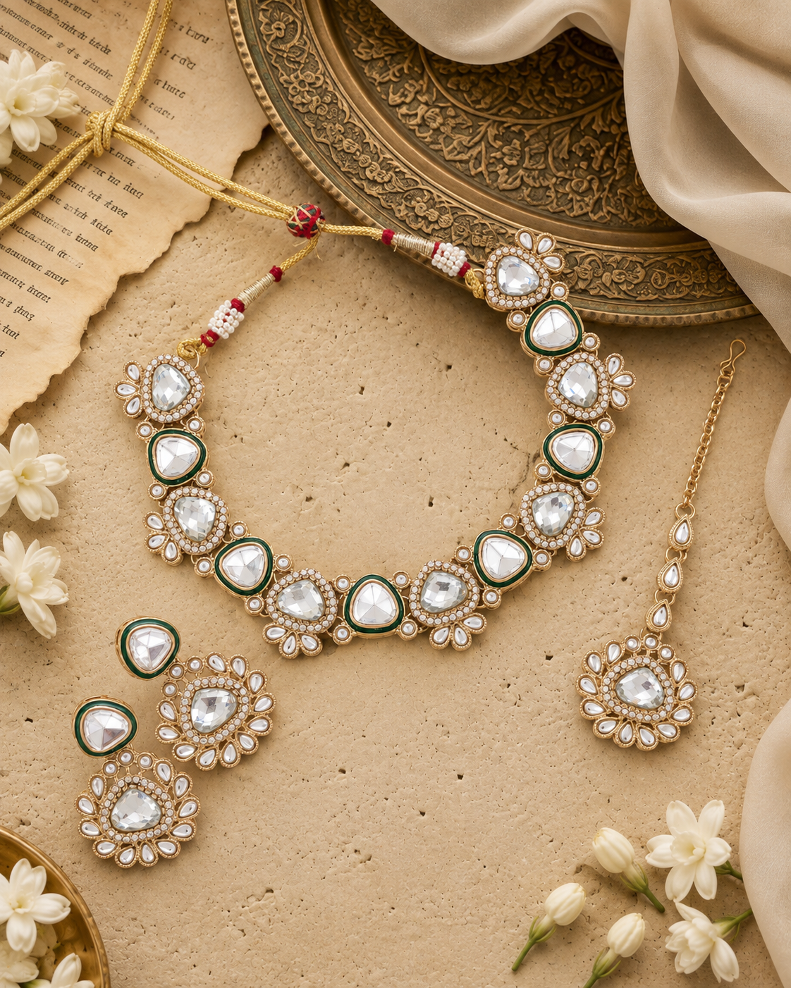 White Kashvini Premium Polki Dupe Necklace Set With Earring & Teeka